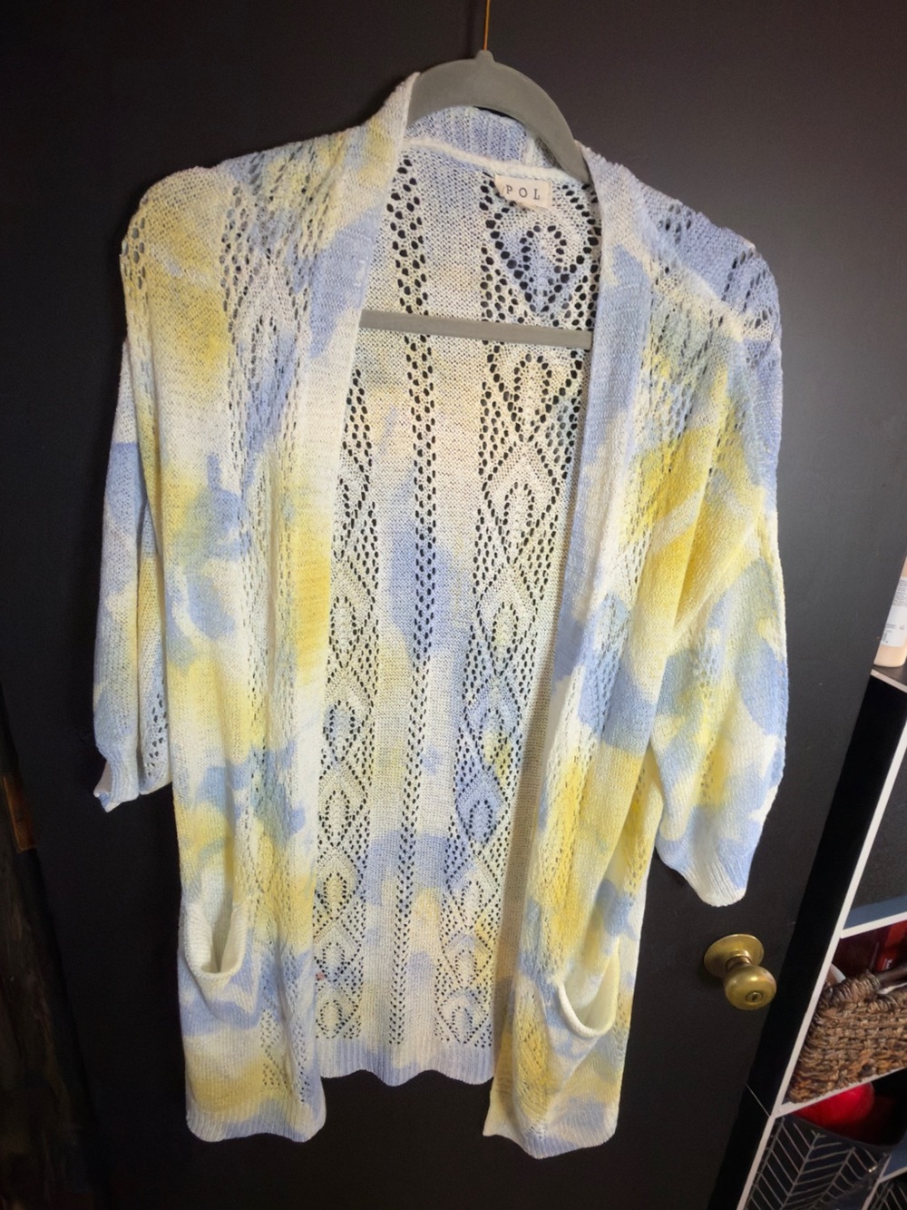 POL Pastel Blue and Yellow Open-Front Knit Cardigan NWOT